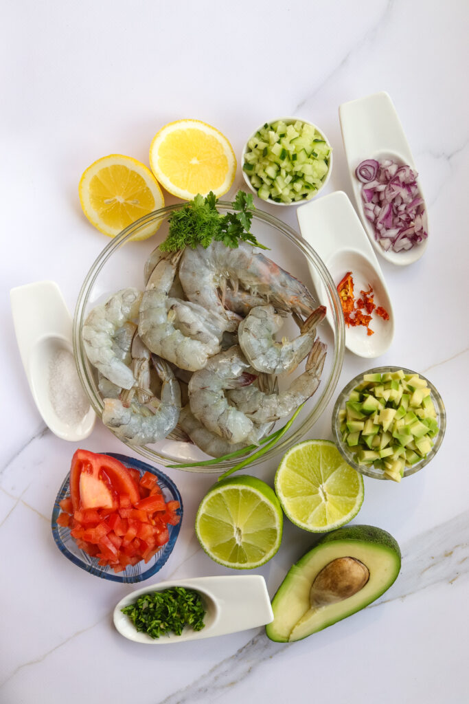 A picture of ingredients needed to make shrimp ceviche.