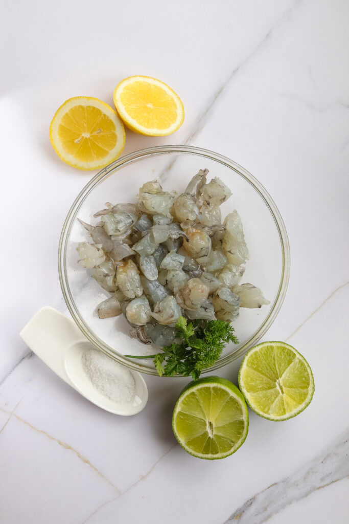 A picture of chopped shrimp in a glass bowl.