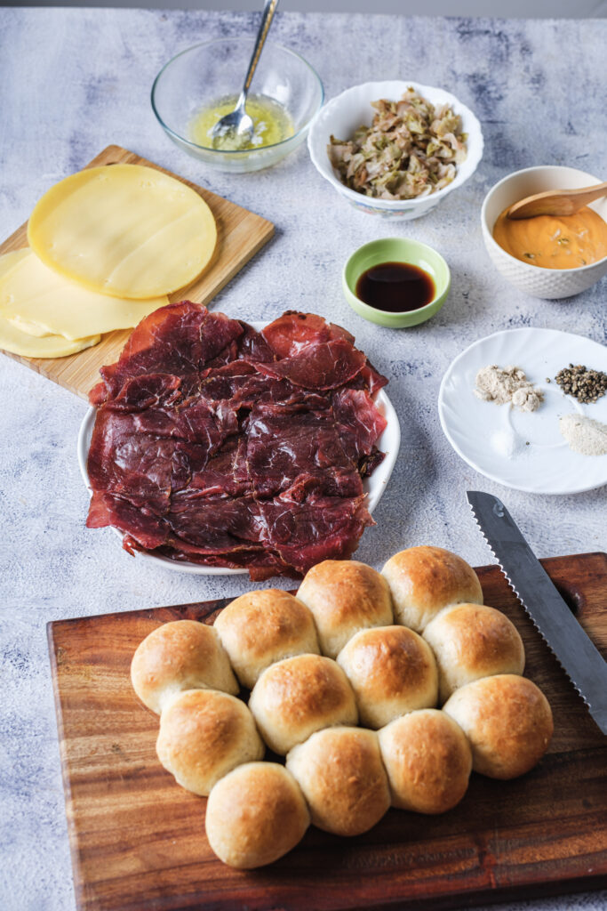 A picture of ingredients needed to make reuben sliders.