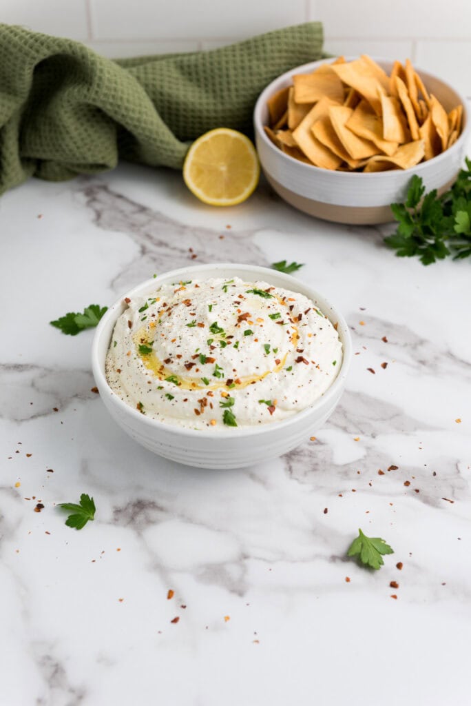 A picture of completed amazing whipped feta dip.