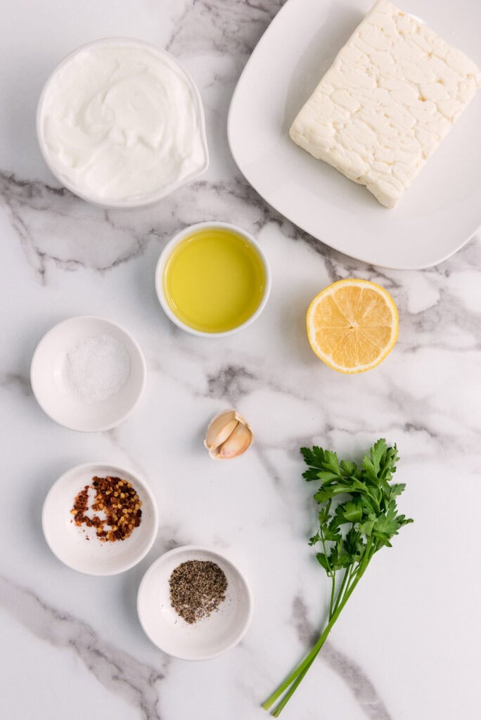 A picture of ingredients to make amazing whipped feta dip.
