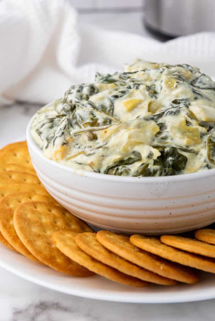 A close up picture of spinach artichoke dip in a bowl surrounded by crackers.