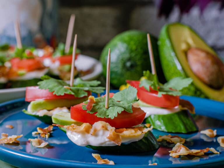 keto blt snacks on a blue plate