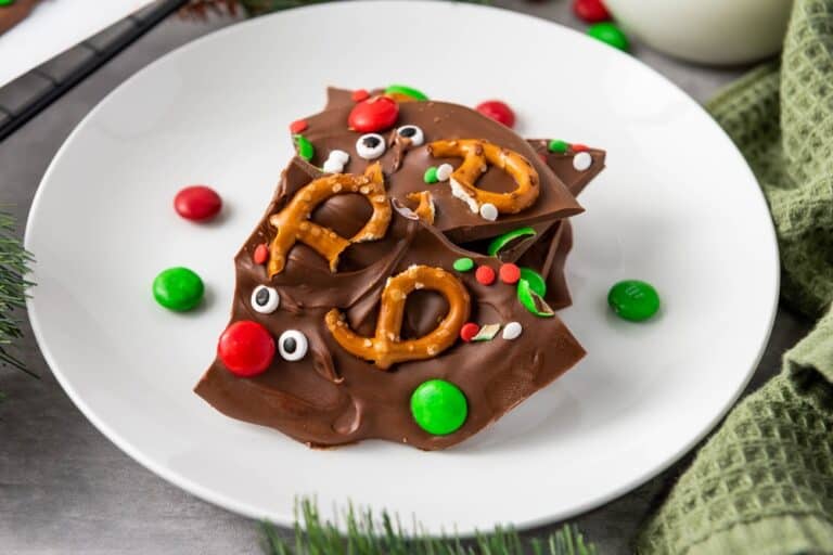 christmas reindeer chocolate bark on a white plate