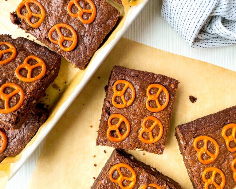salted pretzel brownies on a parchment paper