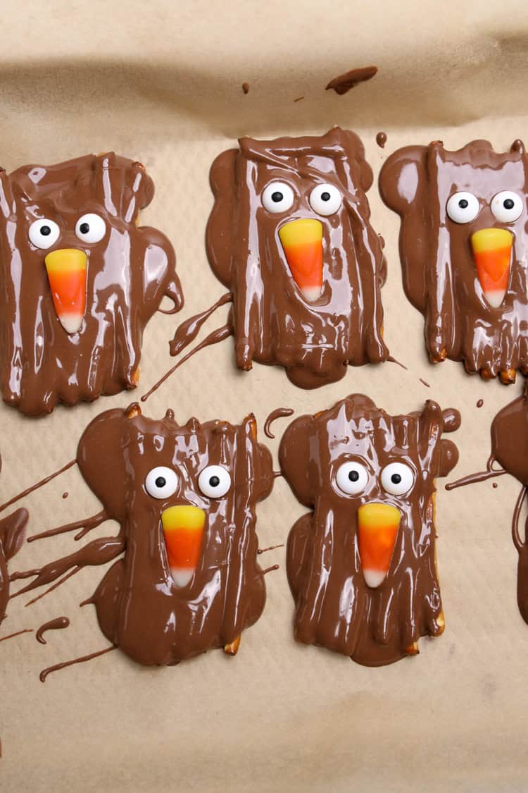 turkey pretzels with candy eyes and candy corn nose