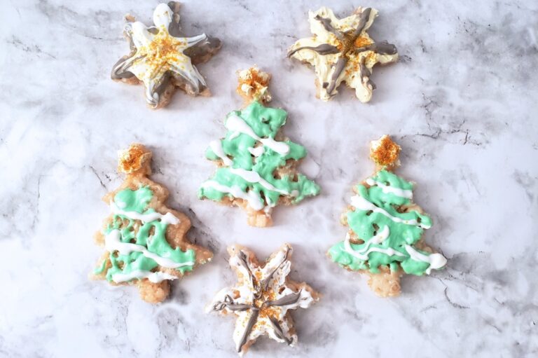 christmas rice krispies treats on a marbled kitched countertop