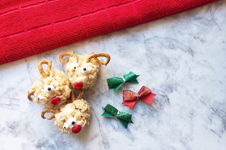 reindeer rice krispies on a marble table with christmas accents