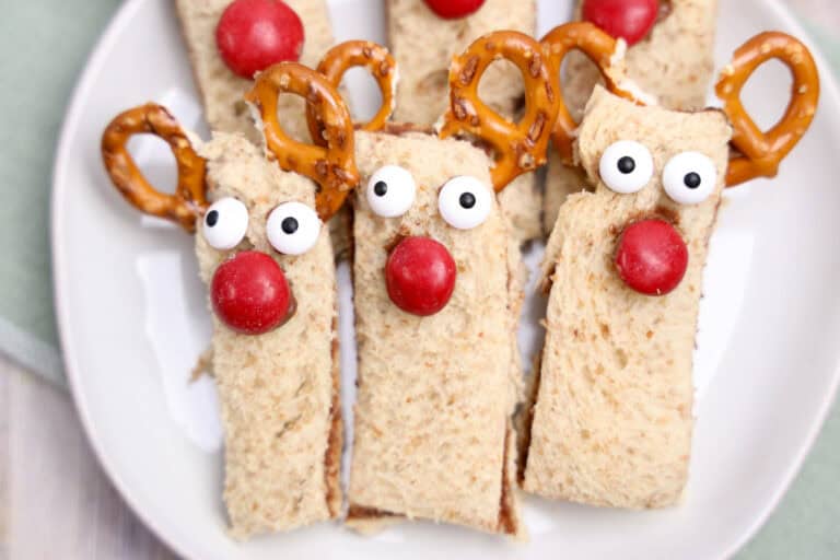 reindeer nutella sandwiches on a white plate