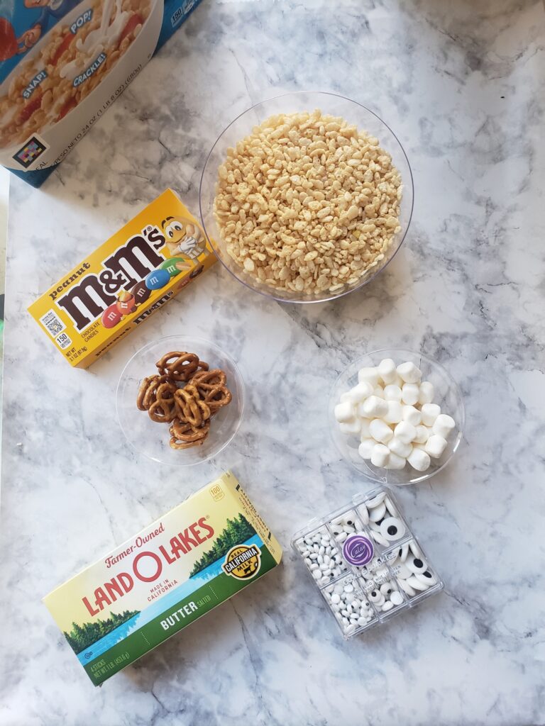 reindeer rice krispies ingredients laid on a marble countertop