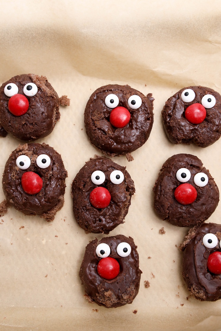 candy eyes and red peanut m&ms on donut
