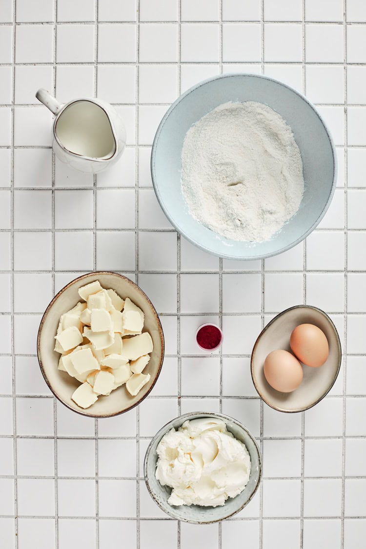 A picture of ingredients to make red velvet truffles.
