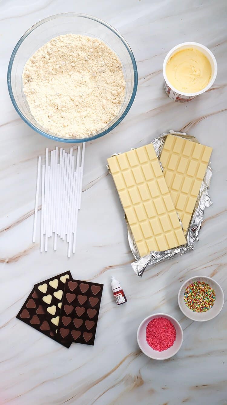 A picture of ingredients needed to make cake pops.
