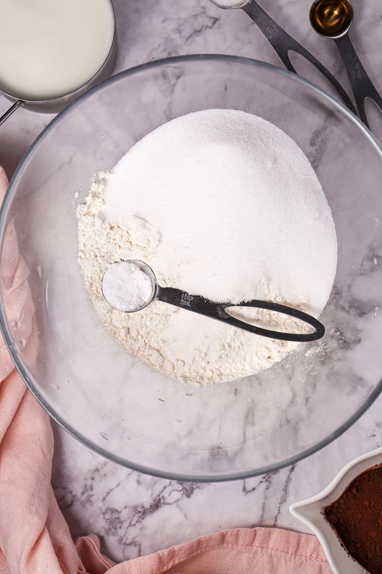 A picture of dry ingredients in a bowl, unmixed.
