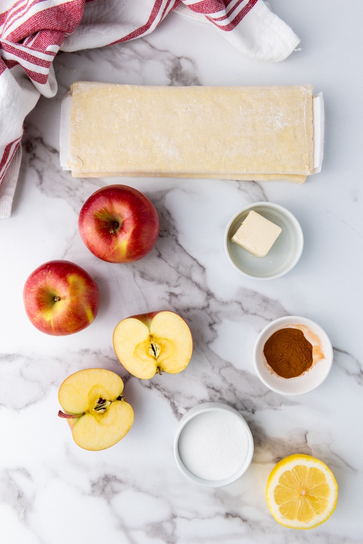 A picture of ingredients needed to make puff pastry apple roses.