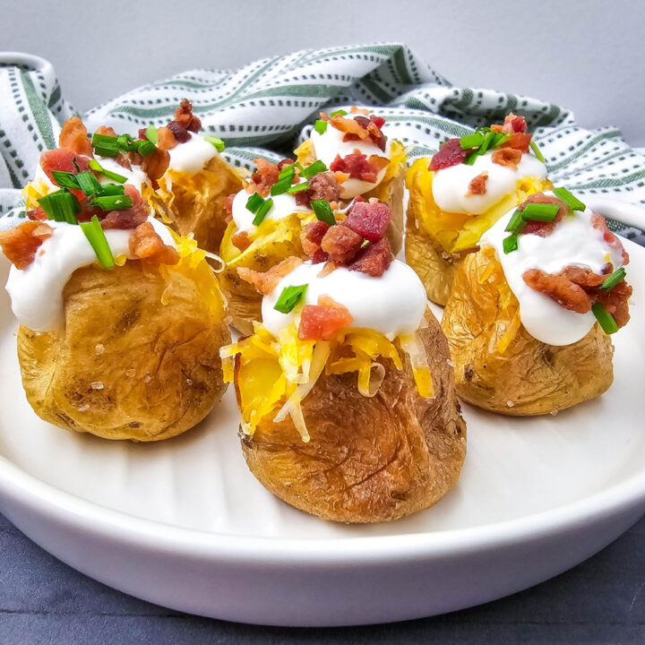 A picture of a set of loaded baked potato bites on a white plate.