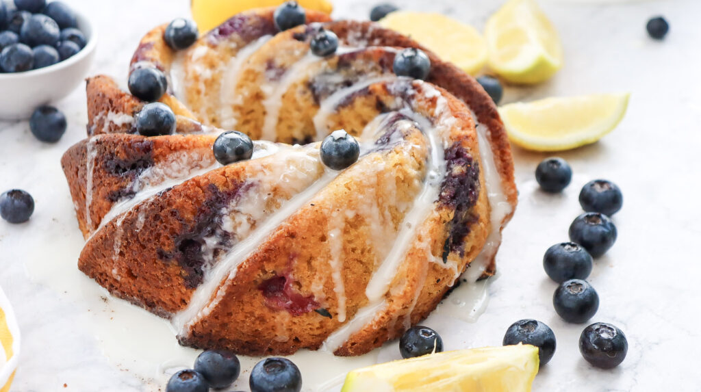 A picture of completed lemon blueberry bundt cake.