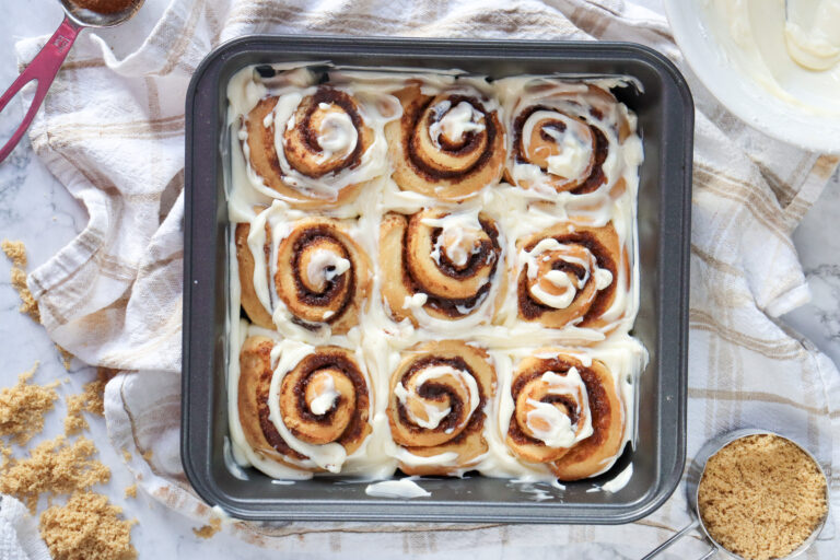 A picture of a pan of cinnamon rolls.