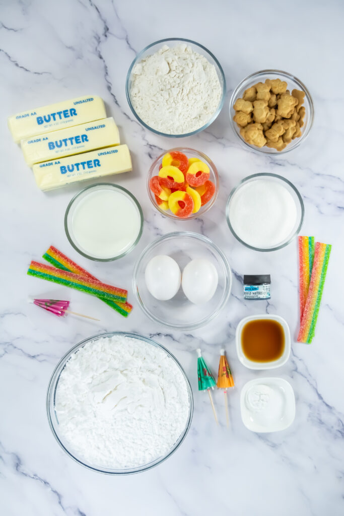 A picture of ingredients needed to make beach cupcakes.