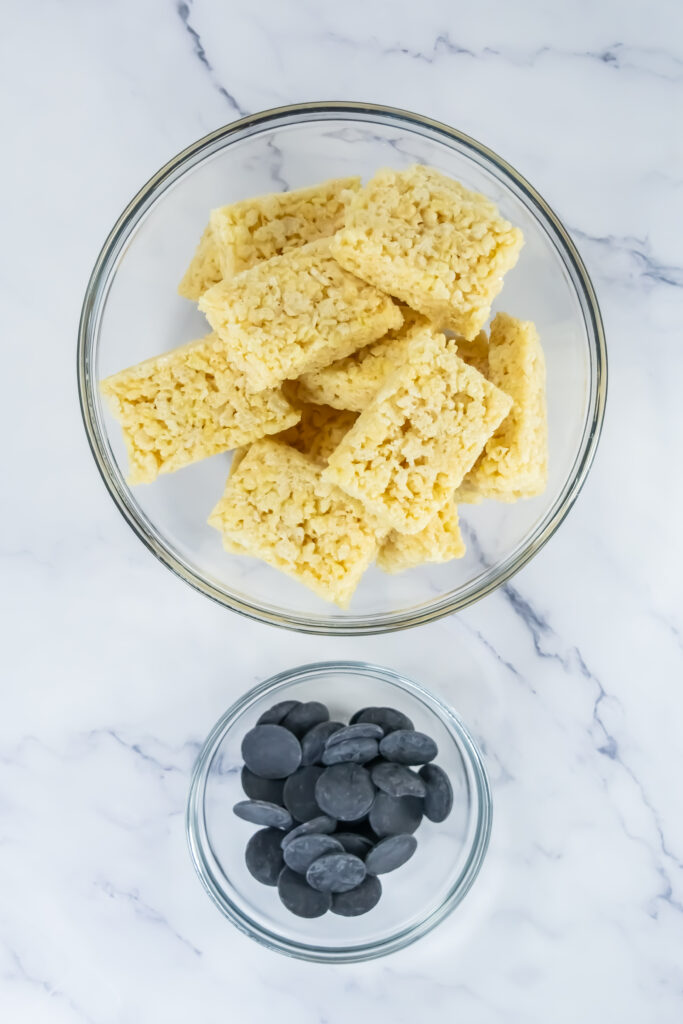 A picture of ingredients needed to make ruler rice krispy treats.