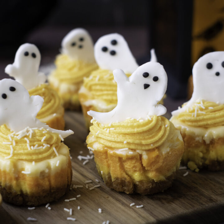 A picture of round mini cheesecakes topped with candy ghosts.