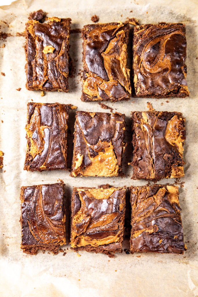 A picture of peanut butter brownies cut into individual rectangles.