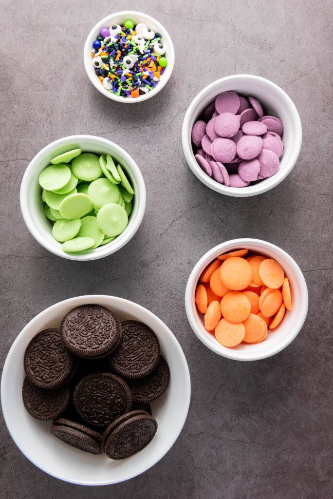 A picture of ingredients needed to make halloween oreo treats.
