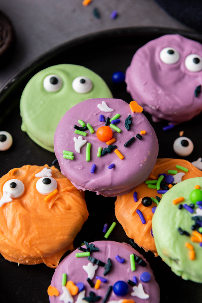 A close up picture of decorated Halloween Oreo Treats.