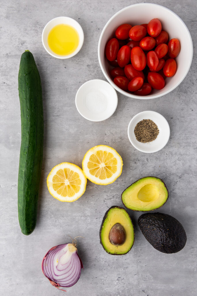 A picture of ingredients needed to make avocado salad.