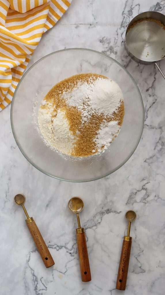 A picture of dry ingredients in a bowl to be whisked.