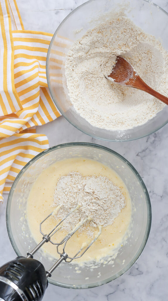 A picture of wet and dry ingredients combined in a bowl.