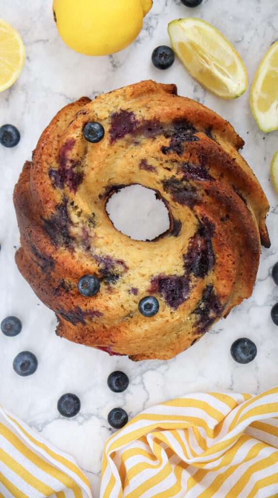 A fully baked lemon blueberry bundt cake.