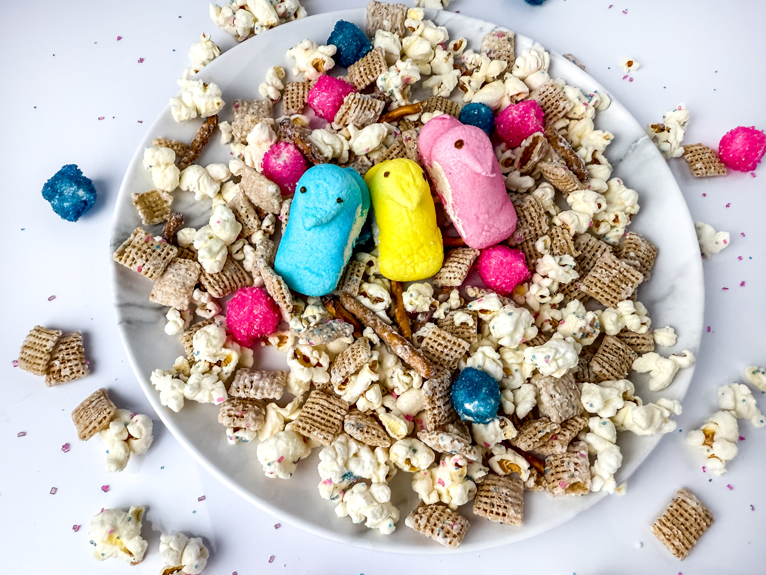 A picture of a platter of peeps party mix.
