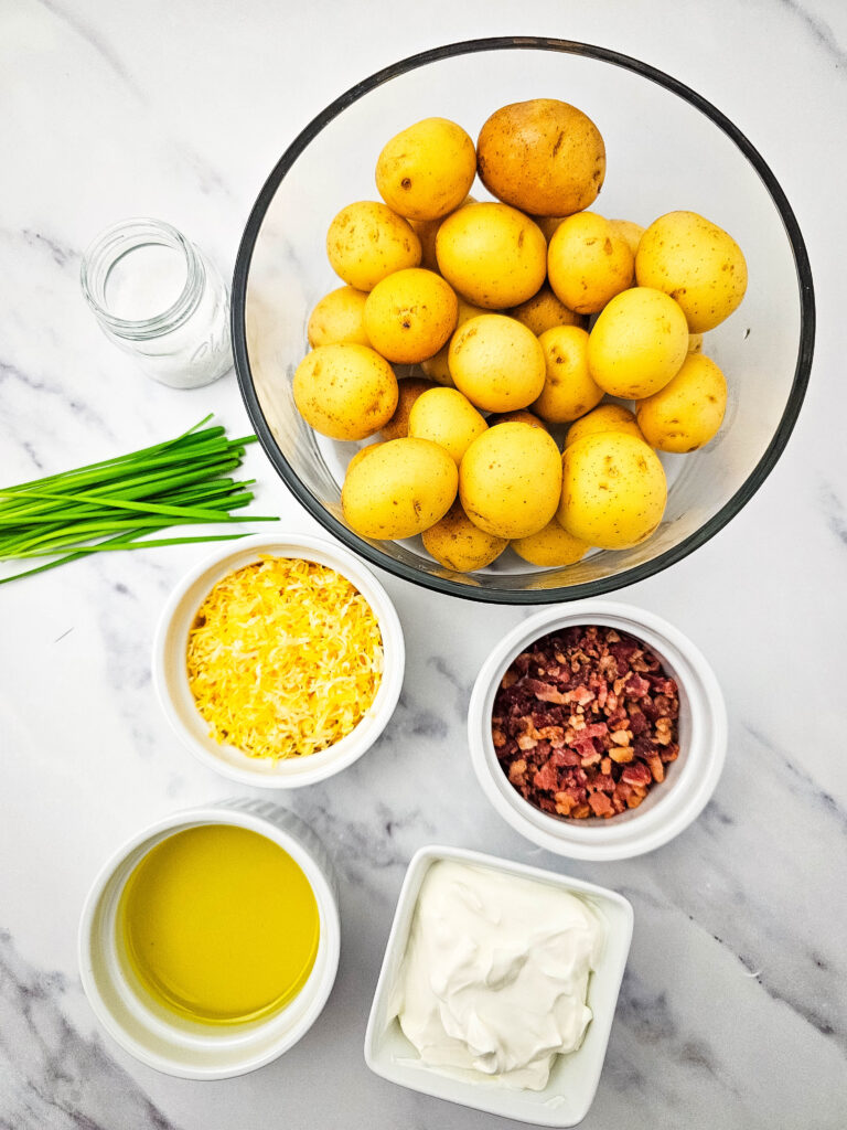A picture of ingredients needed to make mini loaded baked potato bites.