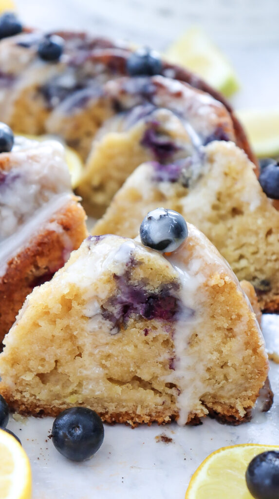 A picture of slices of lemon blueberry bundt cake.