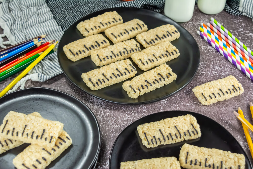 A picture of rice krispy treats decorated to resemble rulers.