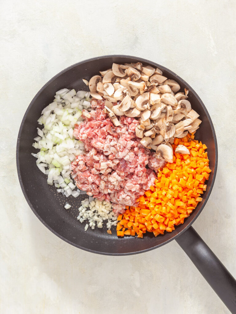 A picture of onion, garlic, carrots, mushrooms, and pork in a skillet, uncooked.