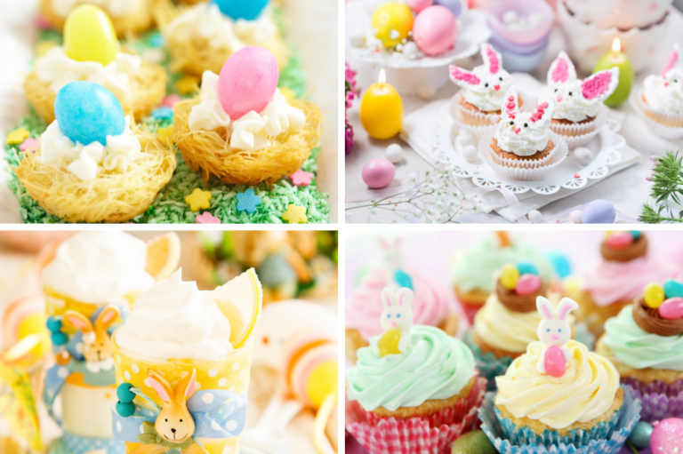 a collage of four bright colorful easter desserts and sweet treats
