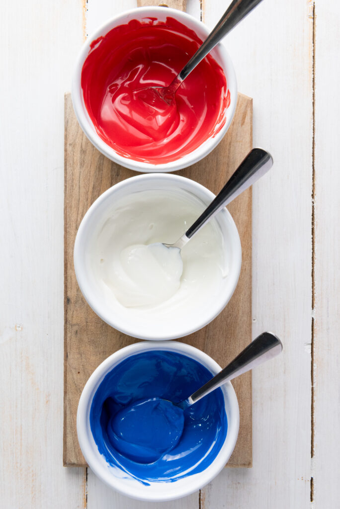 melted red white and blue candy melts