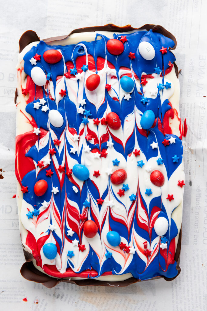 mm and star sprinkles on candy bark