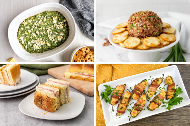 office party food collage of four appetizers and snacks appropriate for a work party